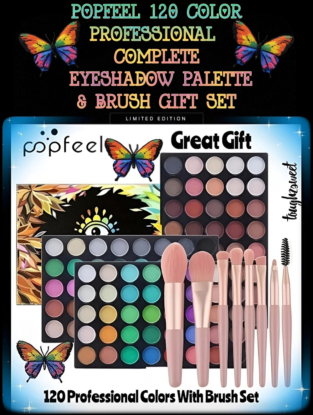🆕️POPFEEL 120 COLOR PROFESSIONAL COMPLETE EYESHADOW PALETTE & BRUSH GIFT SET